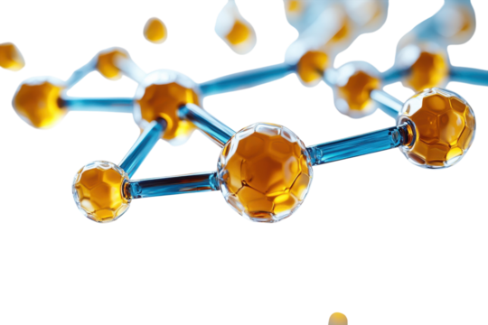 Golden Atoms Interlocked In A Vibrant Molecular Structure, Floating Against A Bright Isolated on Transparent Background Showcasing Intricate Detail And Luminous Glow