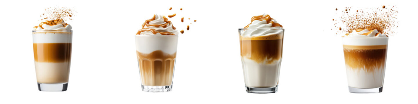 Assortment of various creamy coffee drinks including latte mocha and espresso with whipped cream and foam served in glasses