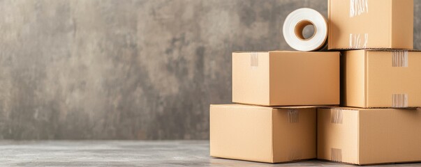 A stack of brown cardboard boxes with a roll of tape, resting on a textured surface against a simple gray backdrop.