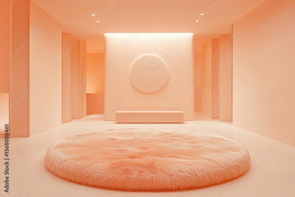 Poster minimalist and luxurious design studio with pastel peach walls, with a round fluffy rug in the cente