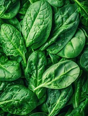 Obraz premium Spinach, macro, bright green background, surrounded by other spinach leaves, water drops on the surface of the spinach and the environment, top view, high detail, close-up.