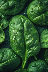 Obraz premium Spinach, macro, bright green background, surrounded by other spinach leaves, water drops on the surface of the spinach and the environment, top view, high detail, close-up.