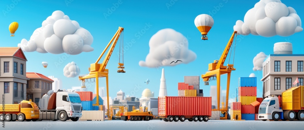 Poster aerial view of a busy international trade hub port with towering gantry cranes and stacks of shippin