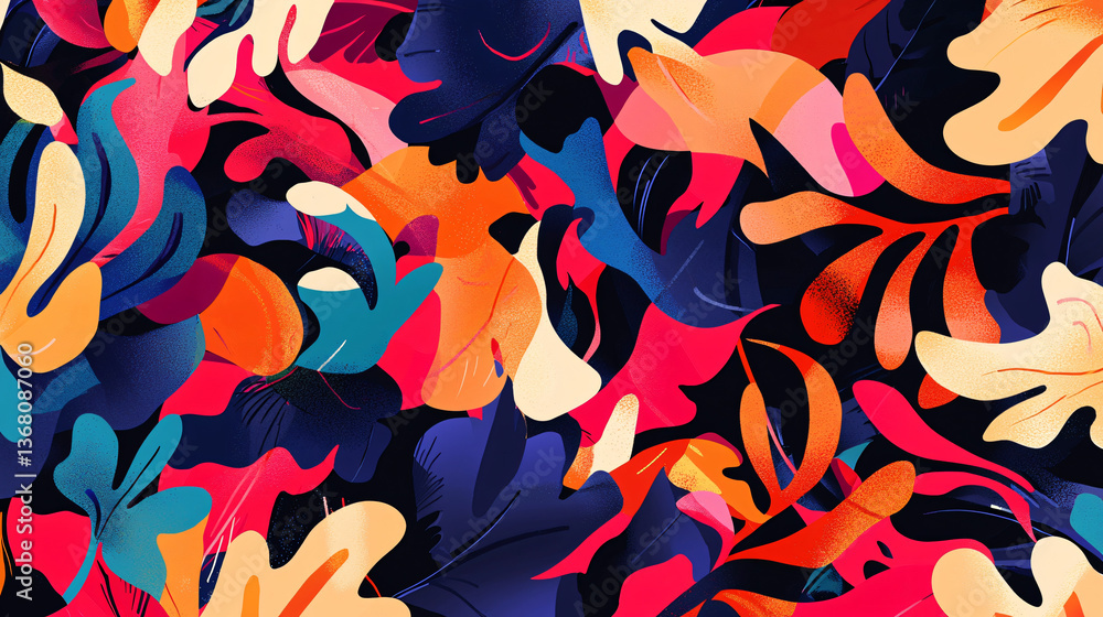 Poster vibrant and colorful pattern of leaves showcasing a fusion of dynamic fragmented shapes and flowing 