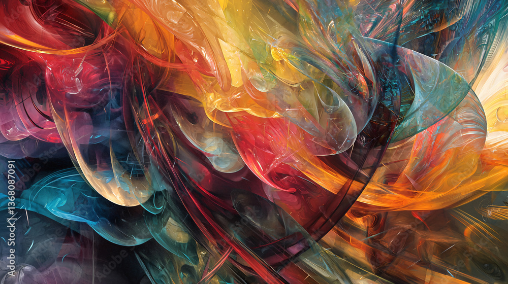 Poster colorful abstract painting featuring a fusion of dynamic fragmented shapes and flowing organic eleme
