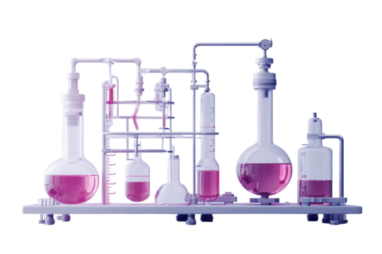A mesmerizing scientific experiment unfolds, vibrant pink liquids swirling within glass vessels, a symphony of precision and discovery in a sterile lab setting.