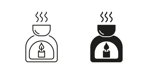 Essential Oil Burner Line and Silhouette Icon Set. Aromatherapy for Relaxation and Sleep Symbol. Calming Essential Oil Diffuser. Editable Stroke. Isolated Vector Illustration