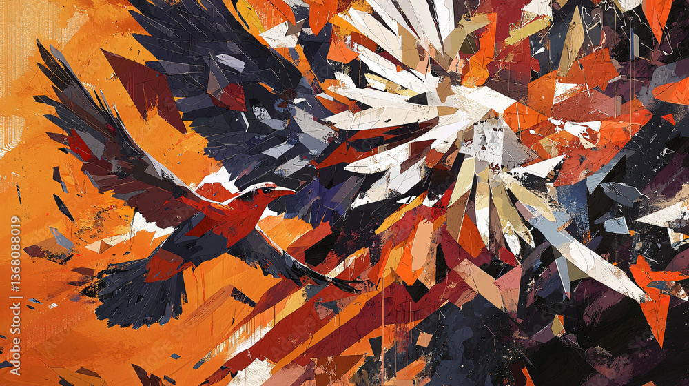 Poster stunning bird portrayed against a very colorful background featuring a fusion of fragmented angular 