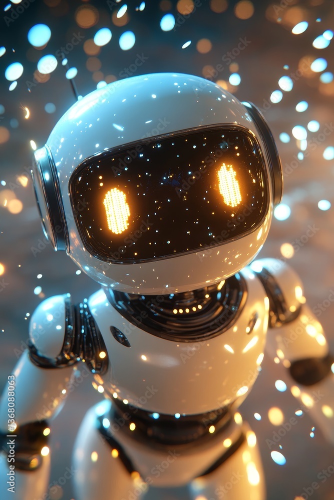 Poster shiny robot with glowing eyes amid bokeh