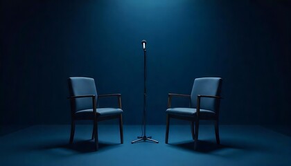 Two chairs and microphones in podcast or interview room isolated on dark background as a wide banner for media conversations or podcast streamers concepts with copyspace, created with generative ai