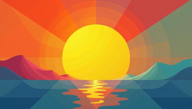 Modern graphic illustration of a stylized sun with angular beams and shadows, shadows, angular, design