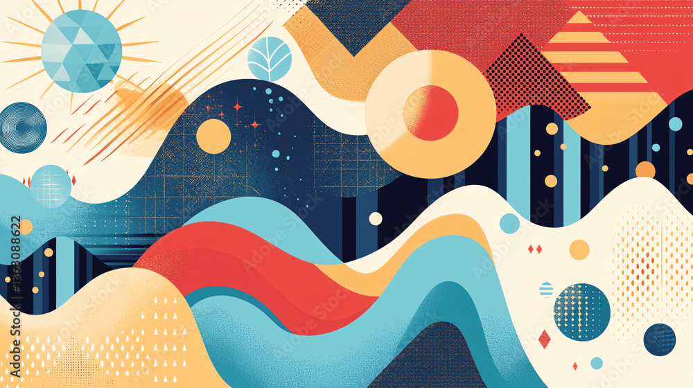 Poster unique colorful abstract background featuring a fusion of harsh geometric shapes and fluid organic f