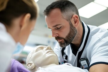 A focused medical professional is attending to a simulation mannequin, highlighting the training environment and dedication to healthcare education and practice.