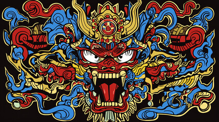 Obraz premium Intricate dragon head artwork displaying a multitude of different colors in a fusion of harsh geometric shapes and fluid organic forms.