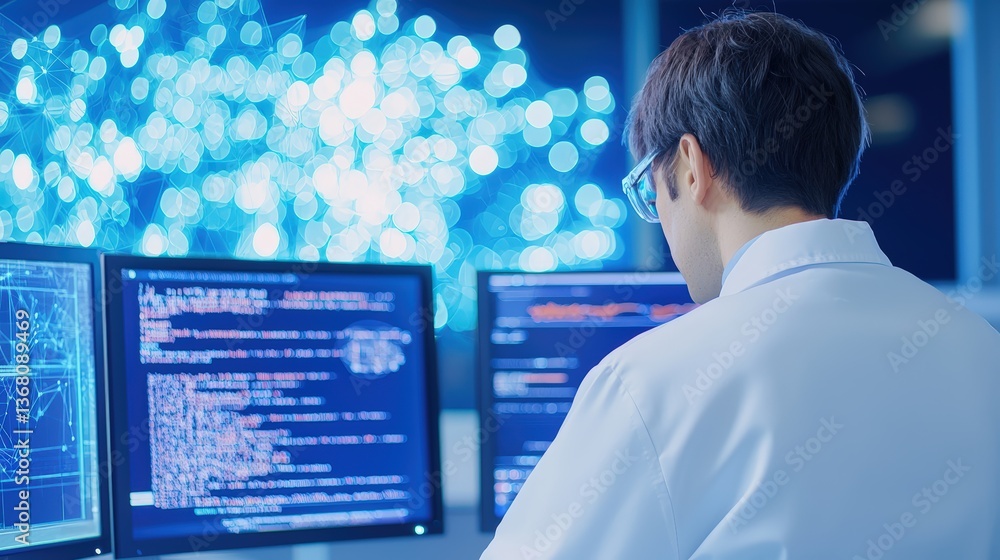 Poster a person in a lab coat analyses data on multiple screens surrounded by a luminous blue backdrop, emp