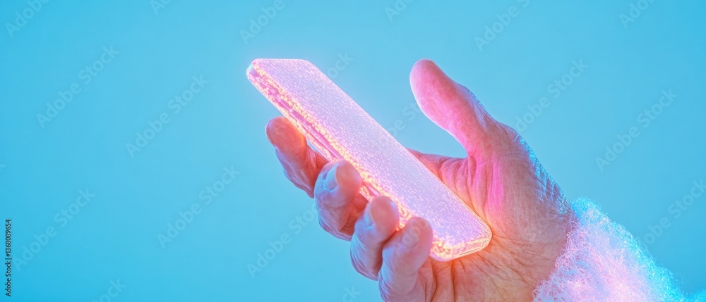 Poster Intimate Digital Connection Glowing Smartphone Interaction in Pastel Chromatic Palette - Next-Gen User Experience and Minimalist Tech Lifestyle Content