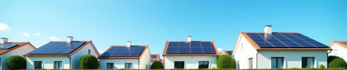 Fototapeta premium Modern homes with solar panels on rooftops against clear blue sky, energy, residential