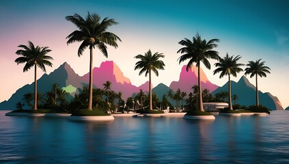 Naklejka premium Artistic summertime background with palm trees, sun and sky. Artistic brush strokes textured wallpaper design, Summer exotic holiday concept in flat retro style, created with generative ai