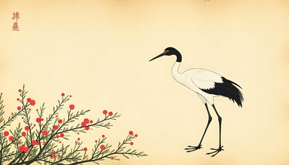 Naklejka premium Vintage traditional Japanese painting, Crane, Tsuru, Painting on old paper, Common crane, Grus grus, Wildlife, Fine Art, Birds, Victorian, Japanese art, drawing of Cranes, created with generative ai