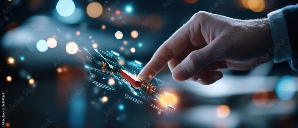 Poster closeup of a logistics professional monitoring global supply chain with a digital analytics dashboar