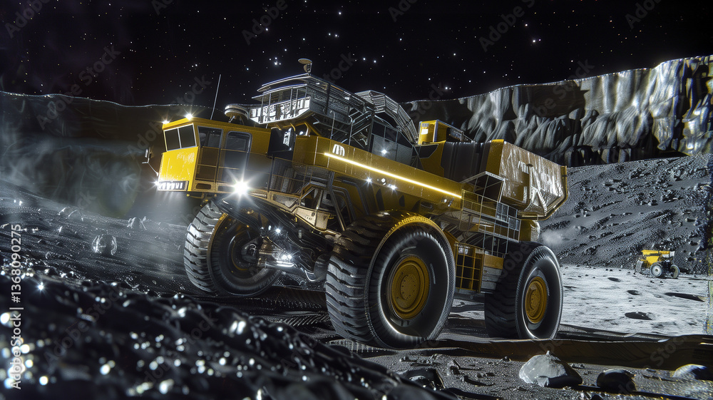 Poster this machinery operates on an asteroid's surface, excavating regolith for resource extraction purpos