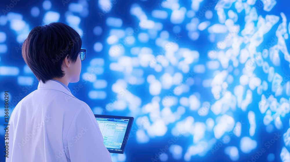 Poster a person in a lab coat stands in front of a glowing digital display, analyzing data in a futuristic 