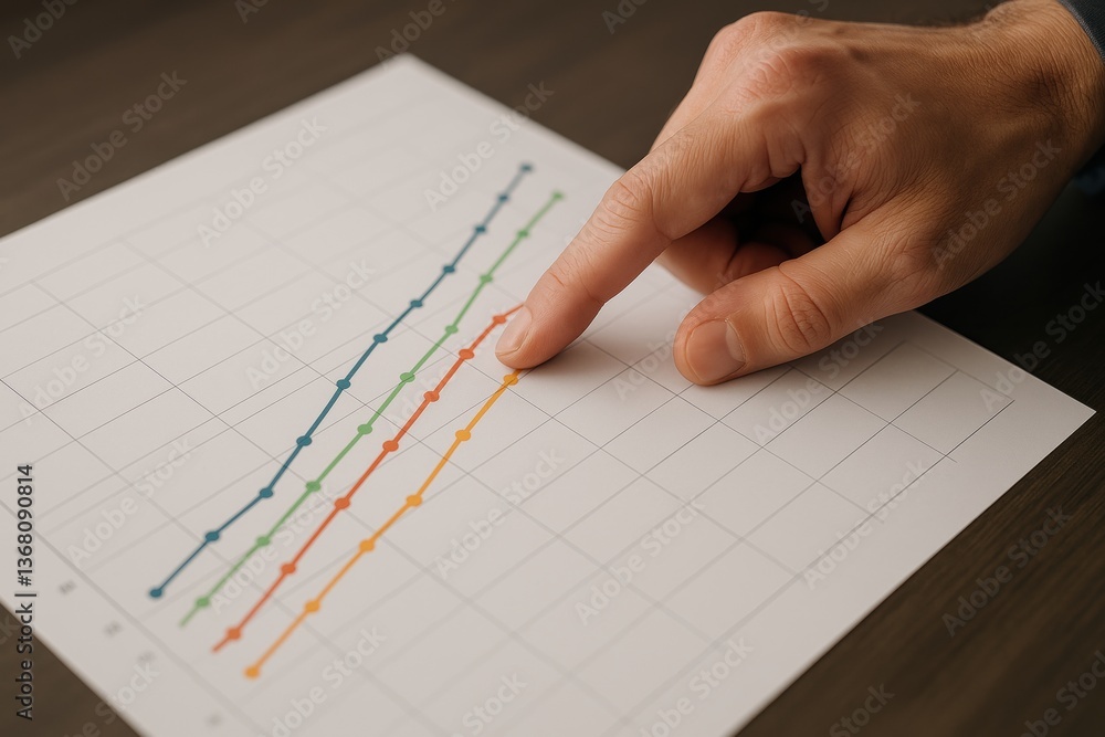 Poster pointing at progress: a close-up shot of a hand pointing to a rising graph on a detailed business ch