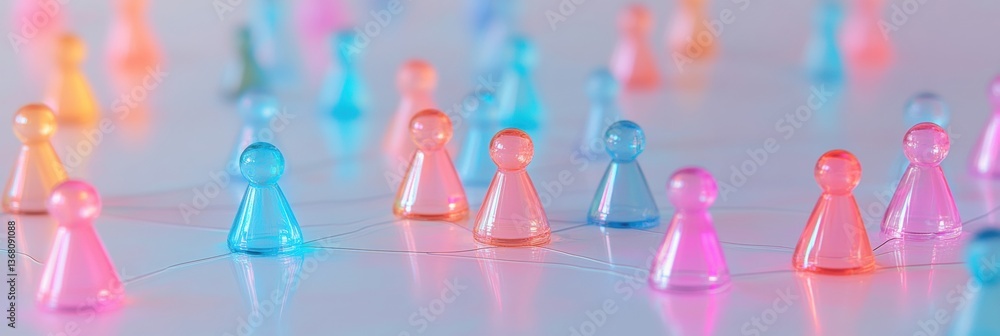 Aufkleber Chromatic Stakeholder Network Visualization Innovative Business Ecosystem Mapping with Translucent Game Pieces, Revealing Interconnected Strategic Relationships in Modern Corporate Communication