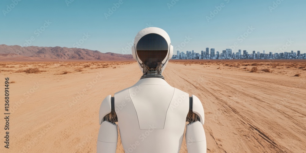 Aufkleber Transformative AI Horizons Humanoid Robot Exploring Liminal Spaces Between Desert Wilderness and Technological Metropolis - Future of Innovation Unveiled