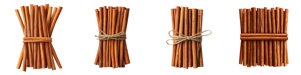 Close up of several bundles of fresh organic cinnamon sticks grouped together showcasing their warm earthy texture and aroma