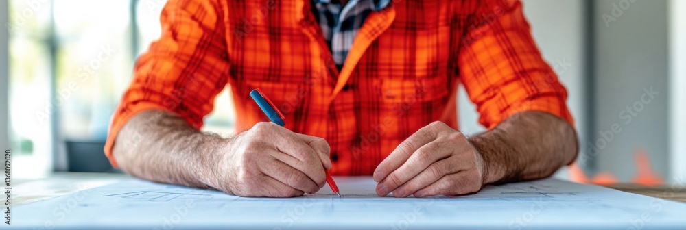 Leinwandbilder Tactile Engineering Precision Millennial Architects Hands Crafting Innovative Design Solutions in Bold Plaid Workspace - Next-Gen Technical Creativity Unleashed