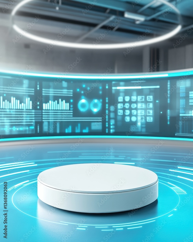 Fototapete Futuristic Data Visualization Podium AI-Enabled Holographic Display Platform for Next-Gen Business Intelligence and Interactive Digital Analytics Environments