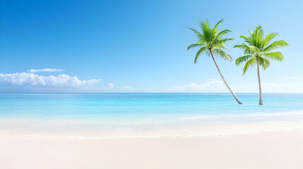Obraz premium Idyllic tropical beach scene with two leaning palm trees, clear turquoise water, and white sand under a bright blue sky