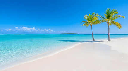 Fototapeta premium Idyllic tropical beach scene with two palm trees, clear turquoise water, and white sand
