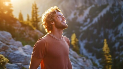 Happy man enjoying mountain view at sunset