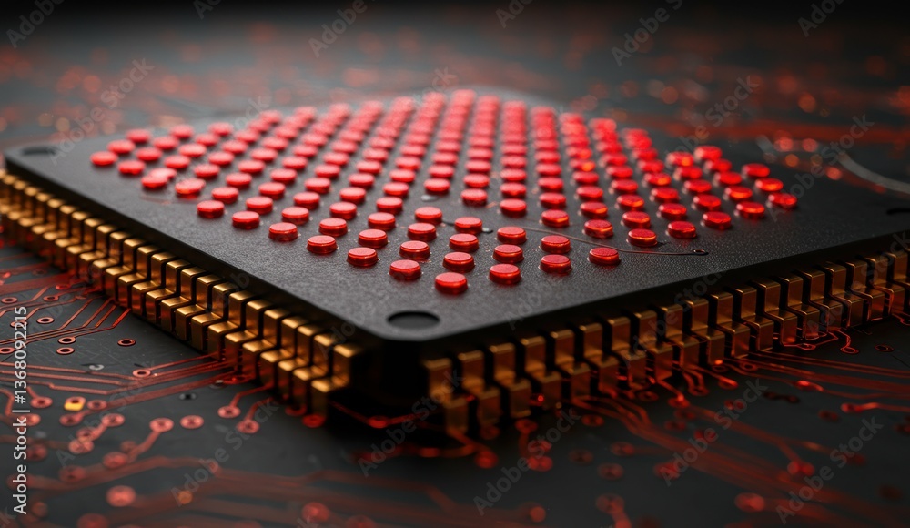 Poster close-up of a computer chip on a circuit board, showcasing red and black colors. focus on technology