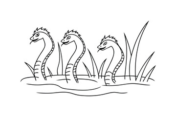 Threeheaded Serpent in Swamp, Mythical Creature, Line Art Drawing