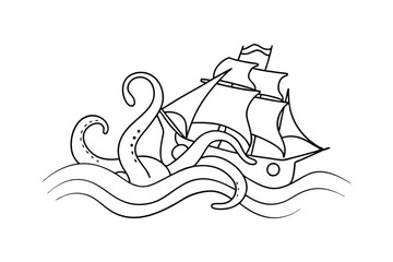 Kraken Attacks Sailing Ship Ocean Depths, Nautical Disaster, Line Art