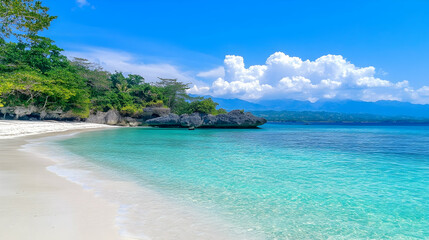 Fototapeta premium Idyllic tropical beach with white sand, turquoise water, and lush greenery under a vibrant blue sky