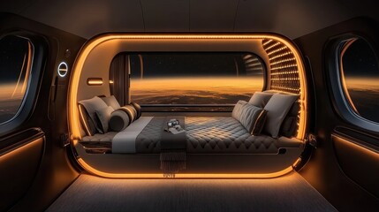 Luxurious private jet cabin with a comfortable bed, offering breathtaking sunset views