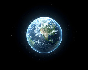 Obraz premium Illuminated Earth globe in space, showcasing North America, surrounded by stars