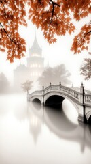 Obraz premium Misty autumn scene, stone bridge over tranquil water, reflecting castle in fog