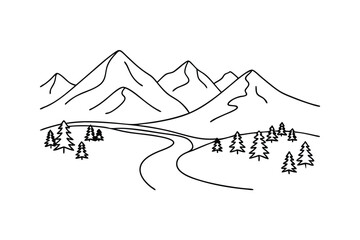 Serene Mountain Range Landscape Line Art Minimalist Drawing