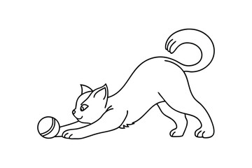 Playful Kitten Line Art Stretching, Pouncing, Ball Toy