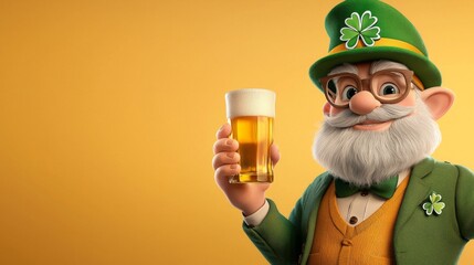 Cheerful leprechaun holding a pint of beer against a yellow background