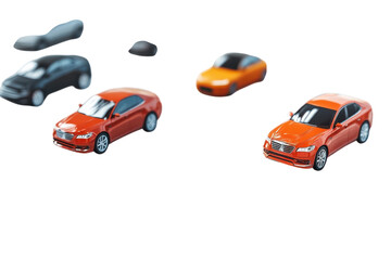 Naklejka premium A vibrant red car leads a rush of vehicles, a dynamic scene of urban motion against a clean white backdrop.