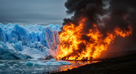 Fiery inferno contrasts serene glacier in stark juxtaposition. AI Generated