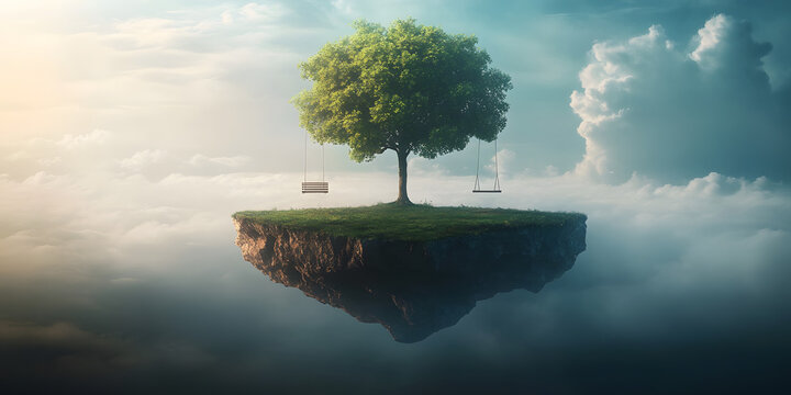 Dreamy Floating Island with Tree and Swing, Surreal Landscape in the Clouds, Fantasy Imaginary Sky Scene, Magical Mystical Artwork