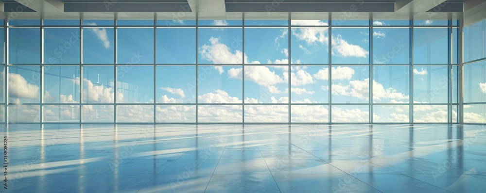 Poster Sunlight illuminating an empty office space with big windows and a beautiful cloudy sky