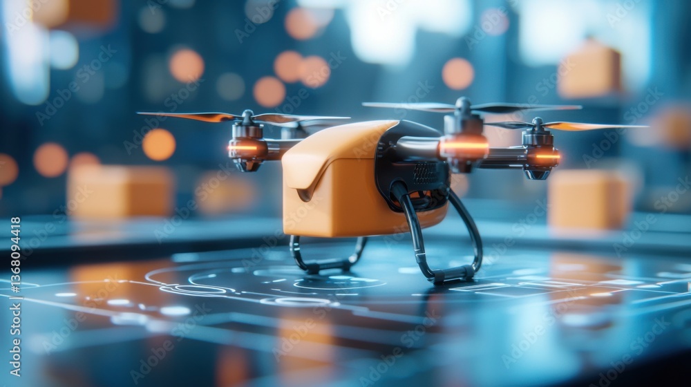 Poster futuristic drone delivering packages for efficient and innovative e-commerce logistics solutions. ae